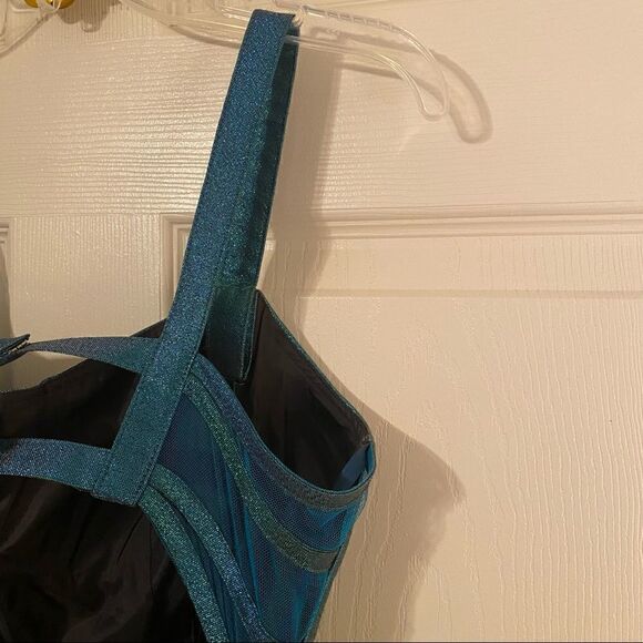 Blondie Nites A-Line Dress Junior Cage-Back Pleated Metallic Blue 11 - Picture 6 of 9